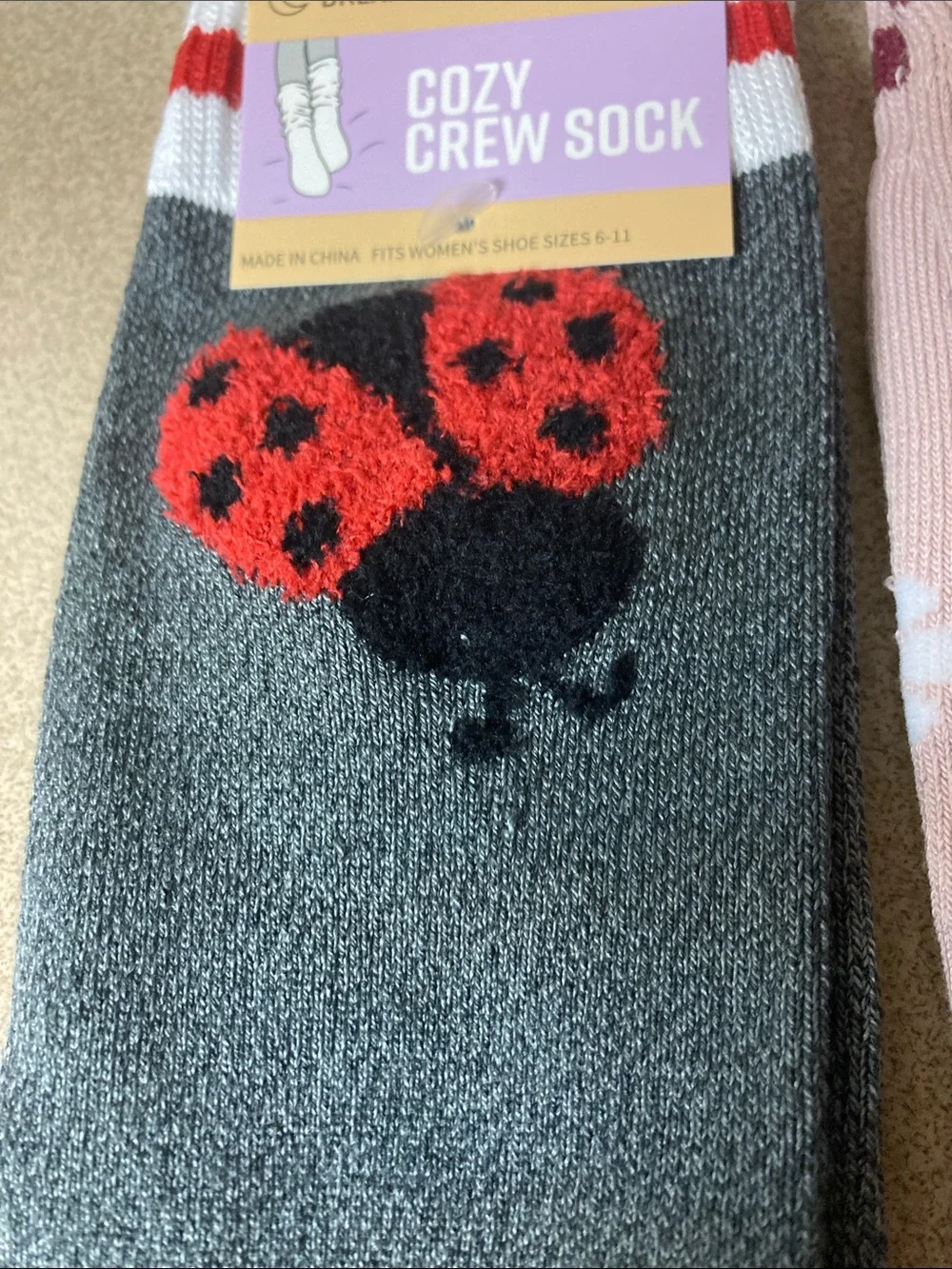 Muk Luks ladies Cozy Crew Socks - Gray with Ladybug & Pink Floral Pair